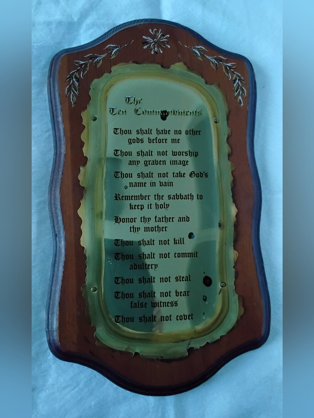 Vtg Homco Wooden Plaque Wall Art - Ten Commandments - Brown and Brass